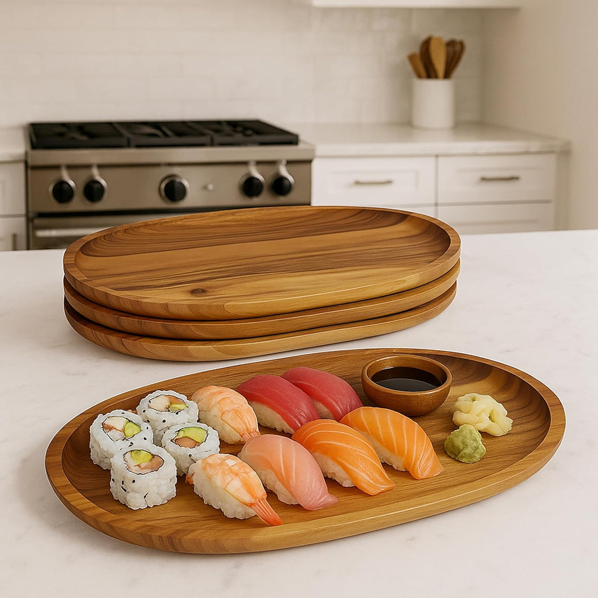 Woodard & Charles Acaica Wood Large Oval Serving Tray, Set of 4, 10" W x 15" L
