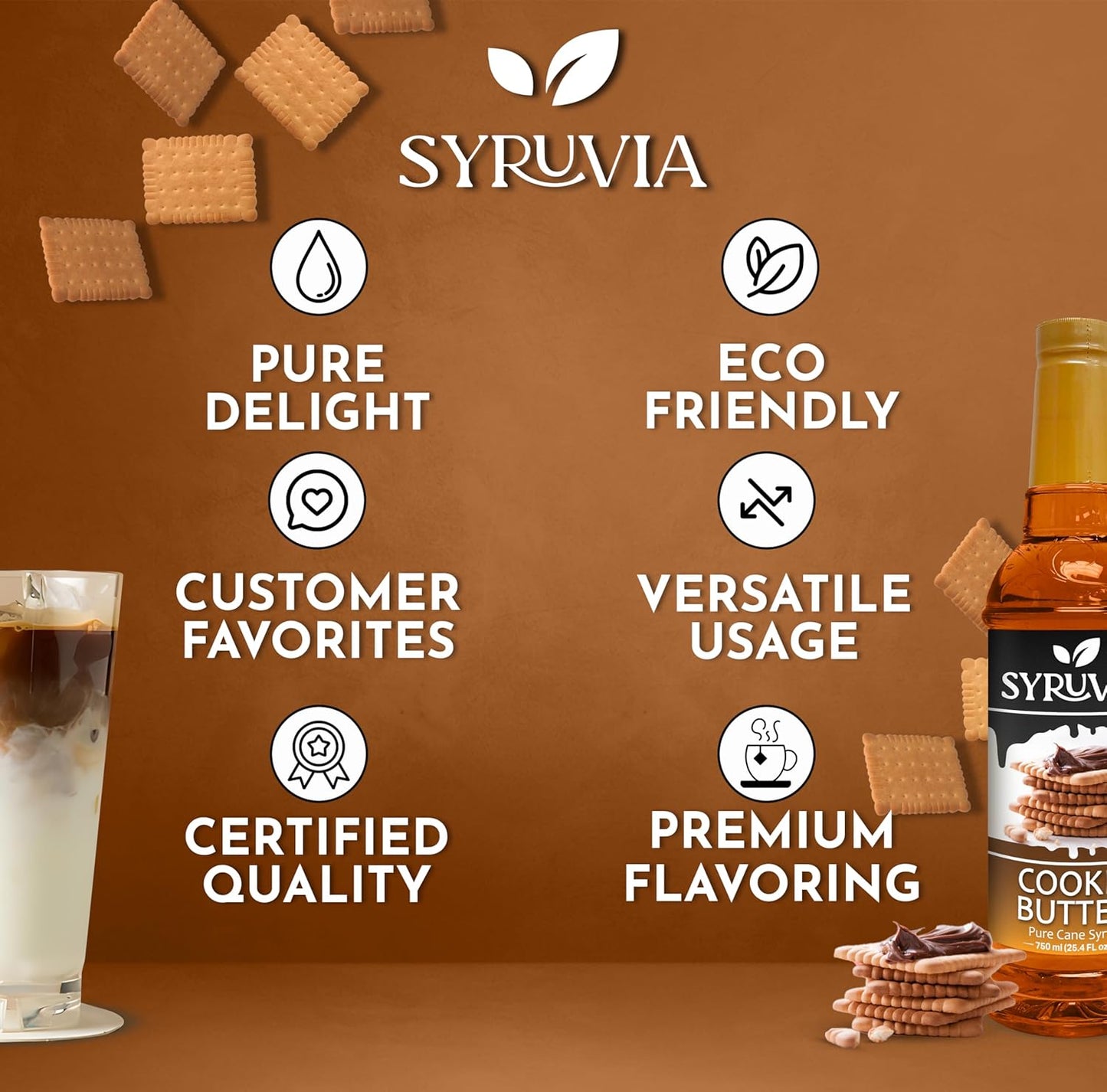 Syruvia Cookie Butter Coffee Syrup - 25.4 fl oz. Kosher and Gluten-Free. Ideal for Enhancing Drinks, Sodas, Shakes, Desserts, and More.