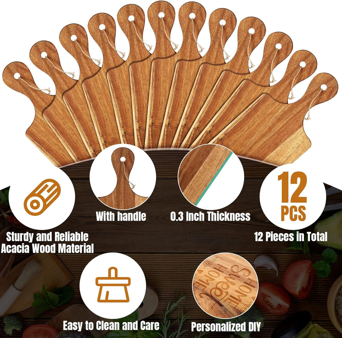 Patelai 12 Packs Wooden Cutting Board Set with Handles Large Kitchen Serving Plain Chopping Board Bulk Gifts for Mom for Vegetables Meat Pizza Cheese Fruit Bread(Acacia Wood,17 x 6 Inch)