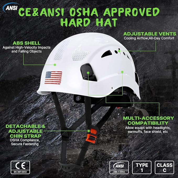 AOLAMEGS Construction Safety Hard Hat - ANSI Z89.1 Type Ι OSHA Approved Safety Helmets with Chin Straps Lightweight Reflective Vented ABS Hard Hats For Men Women Industrial Workwear 6-point Suspension