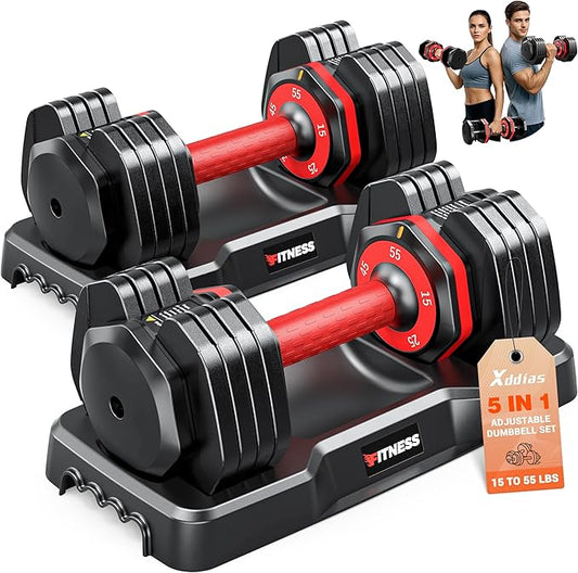 XDDIAS Adjustable Dumbbell Set of 2, 25/55/80LB Dumbbell Set-1Sec Adjustable Weights-5/10 in 1 Free Weights Dumbbells Set with Effortless Tray/No-Slip Handle-Compact Size for Women/Men at Home Gym