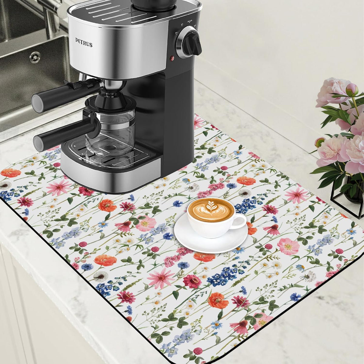 Watercolor Flowers Coffee Mat Absorbent Dish Drying Mat for Kitchen Counter Hide Stain Rubber Backed Coffee Bar Accessories Fit Under Espresso Machine Dish Rack 15.7 x 23.6 Inch