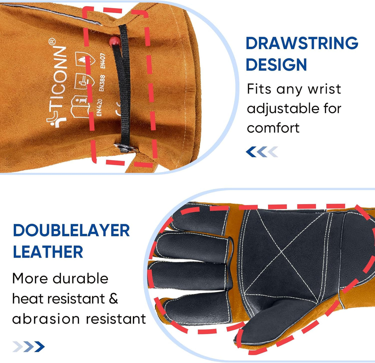 TICONN Welding Gloves, 1000°F Heat-Resistant Fireproof Leather Gloves for Welders, Stick, Forge, Mig, Tig, BBQ, Baking, Oven