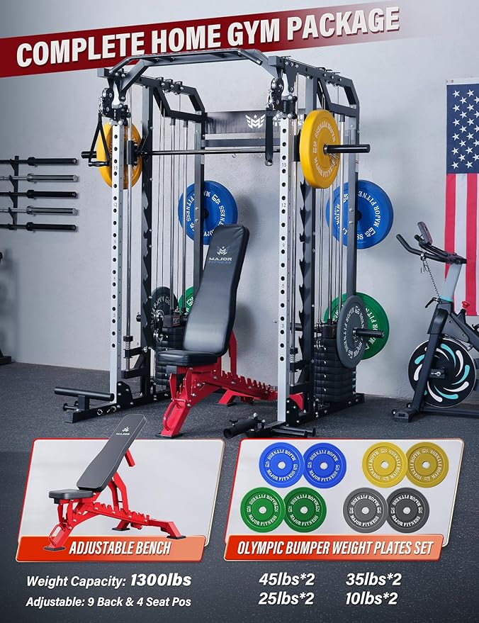 Major Fitness Drone2 Advanced Training Smith Machines– All-in-One Home Gym Squat Rack with Aluminum Pulley Set , Weight Bar, Dual LAT Pull-Down Systems & Cable Crossover Machine for Full-Body Workouts