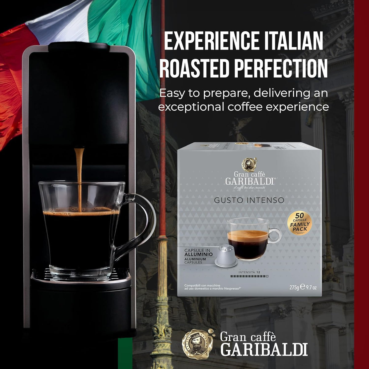 Gran Caffè Garibaldi Espresso Pods, Italian Roasted Coffee, Compatible Nespresso Original Line Machines, Nitrogen Flushed, Strong & Intense, Cocoa & Dried Fruit, Dark Roast - Gusto Intenso (Aluminum) 200 Cups