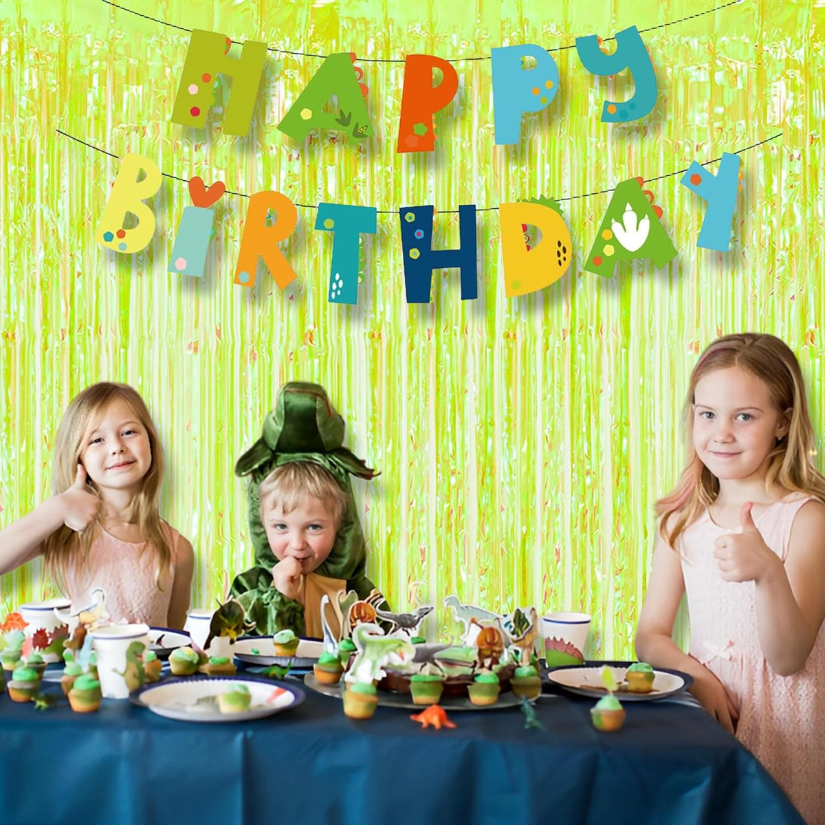 BRAVESHINE Iridescent Foil Fringe Backdrop - 2 Pack 3.2 x 6.5 ft Holographic Tinsel Curtain Party Streamers Photo Backdrop for Birthdays Dinosaur Theme Christmas Patricks Decorations - Clear Green