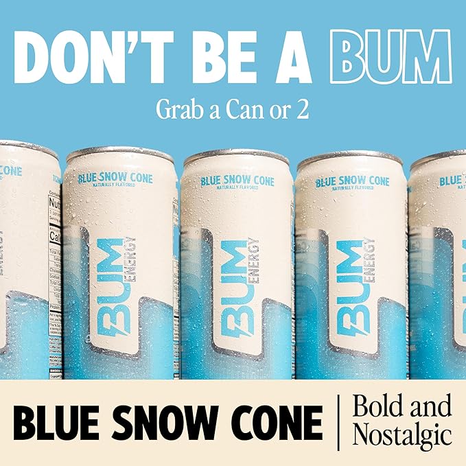 BUM Sugar-Free Energy Drink, Blue Snow Cone - Lightly Carbonated & No Artificial Colors, Natural Caffeine & Citicoline for Energy & Focus, Brain Boost & Workout Sports Beverage - 12 oz, Pack of 12