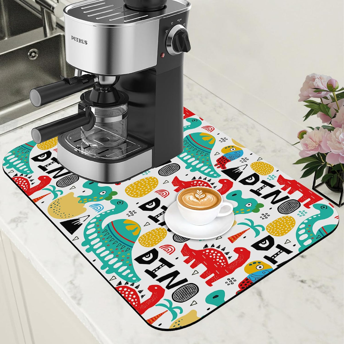 Dinosaur with Palms and Eggs Coffee Mat Absorbent Dish Drying Mat for Kitchen Counter Hide Stain Rubber Backed Coffee Bar Accessories Fit Under Coffee Maker Espresso Machine, 11.8 x 19.7 Inch