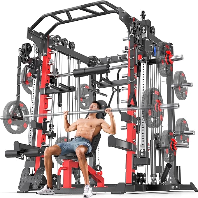 Smith Machine Power Rack Multifunctional Power Cage Deep Squat Rack Cable Crossover System Selectable More Training Attachment for Garage & Home Gym