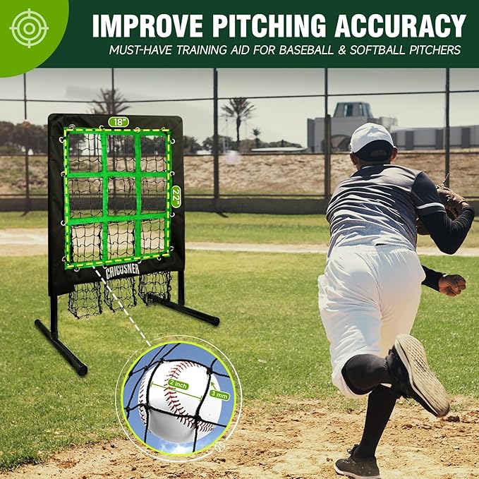 9 Hole Pitching Net, Heavy-Duty Baseball Net with Strike Zone for Pitching and Hitting, Height Adjustable Training Equipment with 9 Pocket Pitching Target for Baseball & Softball Practice