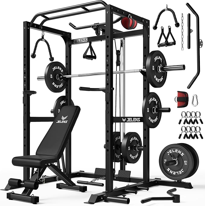 S21 Power Cage, Multi-Function Power Rack with Adjustable Cable Crossover System, 2000LBS Squat Rack for Home Gym with More Training Attachments