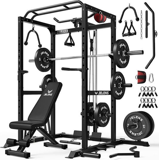 S21 Power Cage, Multi-Function Power Rack with Adjustable Cable Crossover System, 2000LBS Squat Rack for Home Gym with More Training Attachments