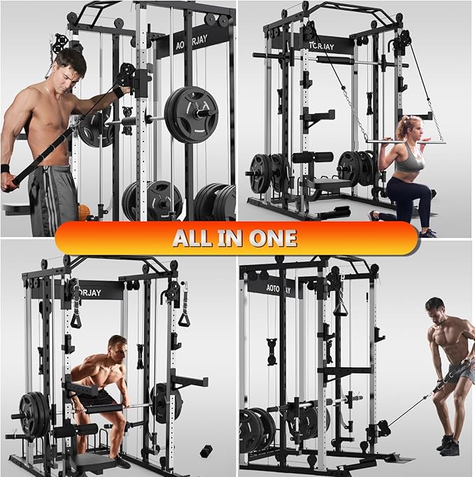 Smith Machine Strength Training Squat Rack with Smith Bar, Power Cage with LAT Pull-Down Systems, Cable Crossover Machine for Home Gym and More Training Attachment