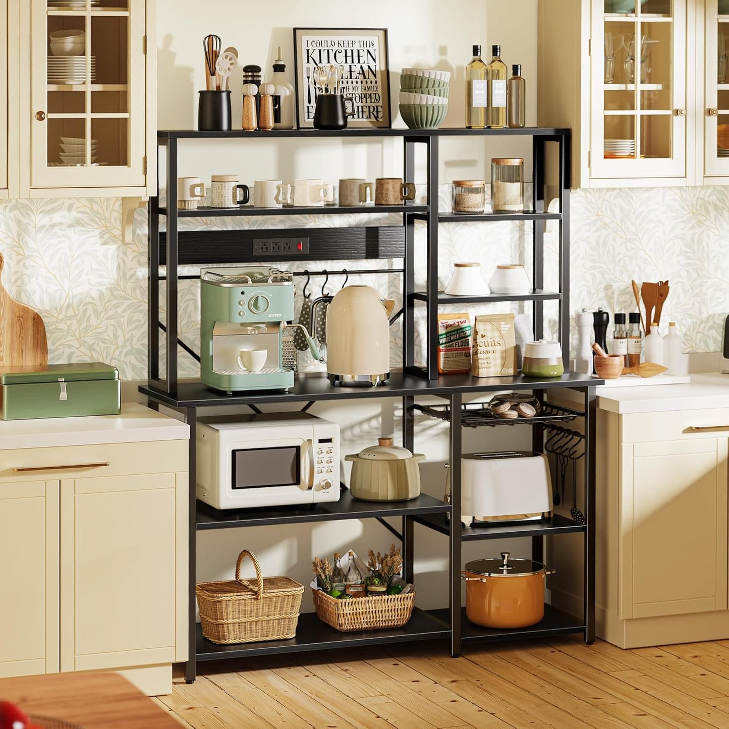 SUPERJARE Larger Bakers Rack with Power Outlets, 6-Tier Microwave Stand, Coffee Bar with 12 S-Shaped Hooks, Kitchen Shelf with Wire Basket, 47.2 x 15.5x 66.9 Inches, Black