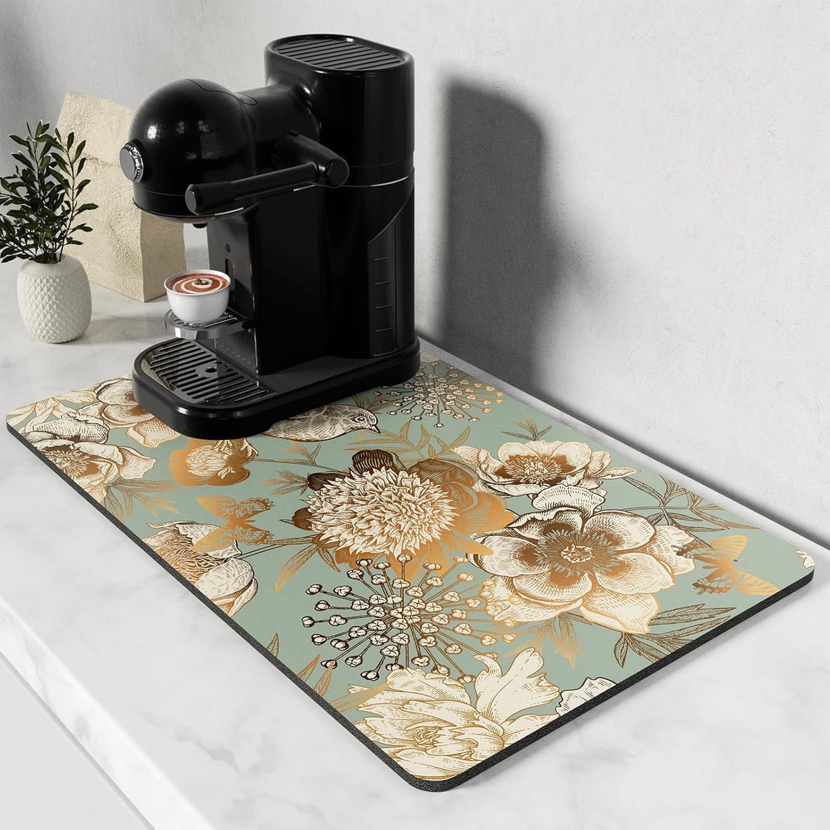 Rnivvi Coffee Mat, 12" x 19" Cute Coffee Bar Mats for Espresso Machine Station Accessories and Organizer, Hide Stain Rubber Backed Absorbent Dish Drying Pad for Kitchen Counter, Retro Flower