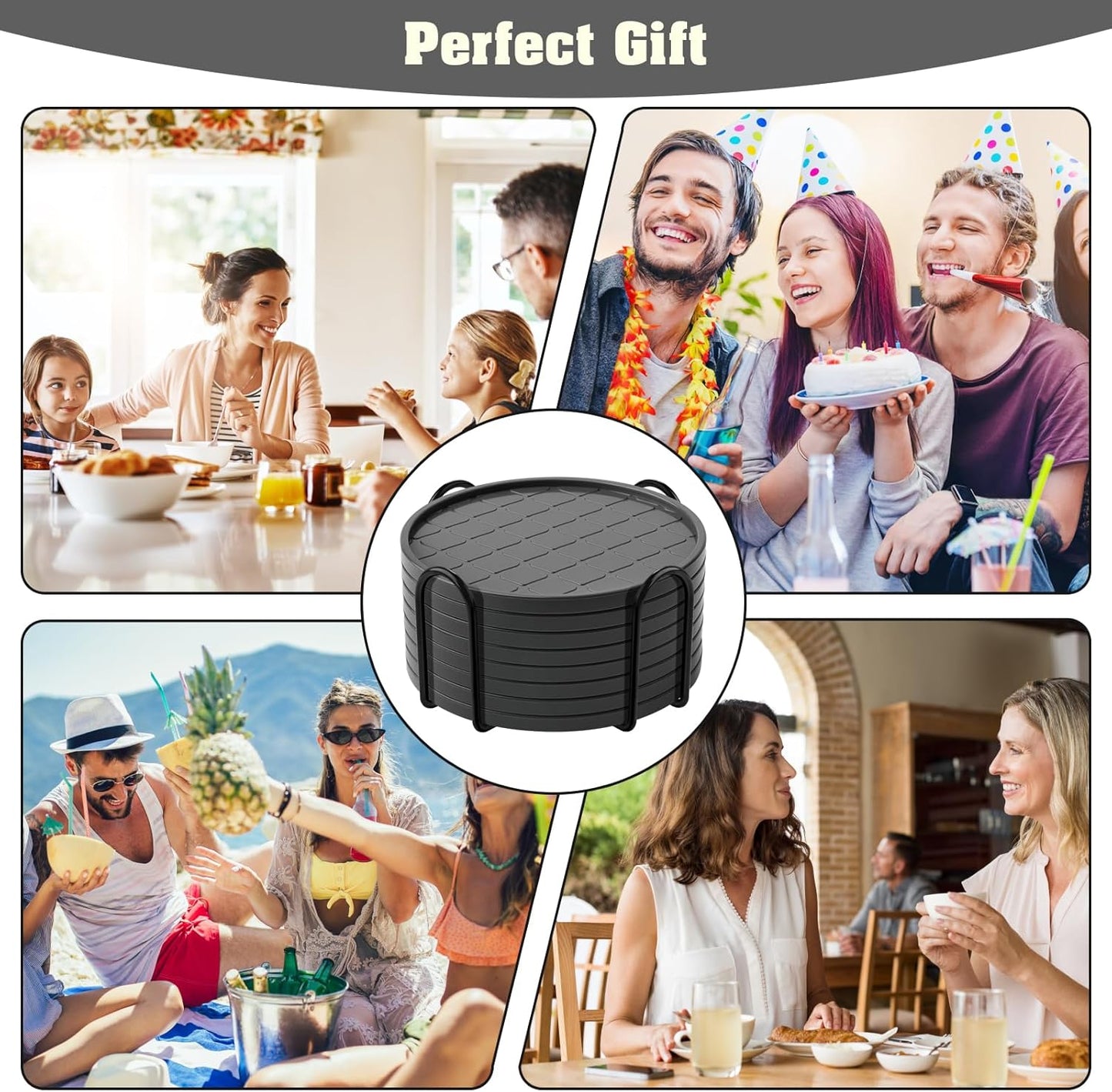 Coasters,Drink Coasters Set of 8 with Holder (Gray, 12pcs)