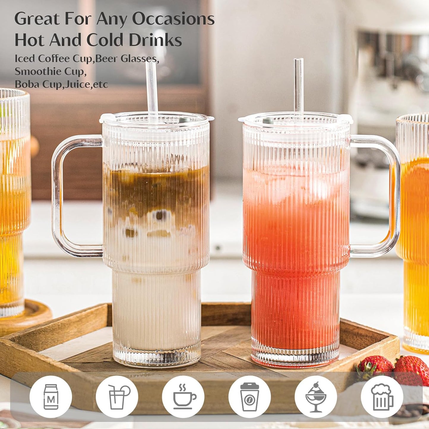 INSETLAN 26oz Ribbed Glass Tumbler with Handle & Lid – 2-Pack Large Iced Coffee Cups with Straws, Modern Glass Mug for Cold & Hot Beverages, Aesthetic Travel Cup for Smoothies, Tea, and Juice