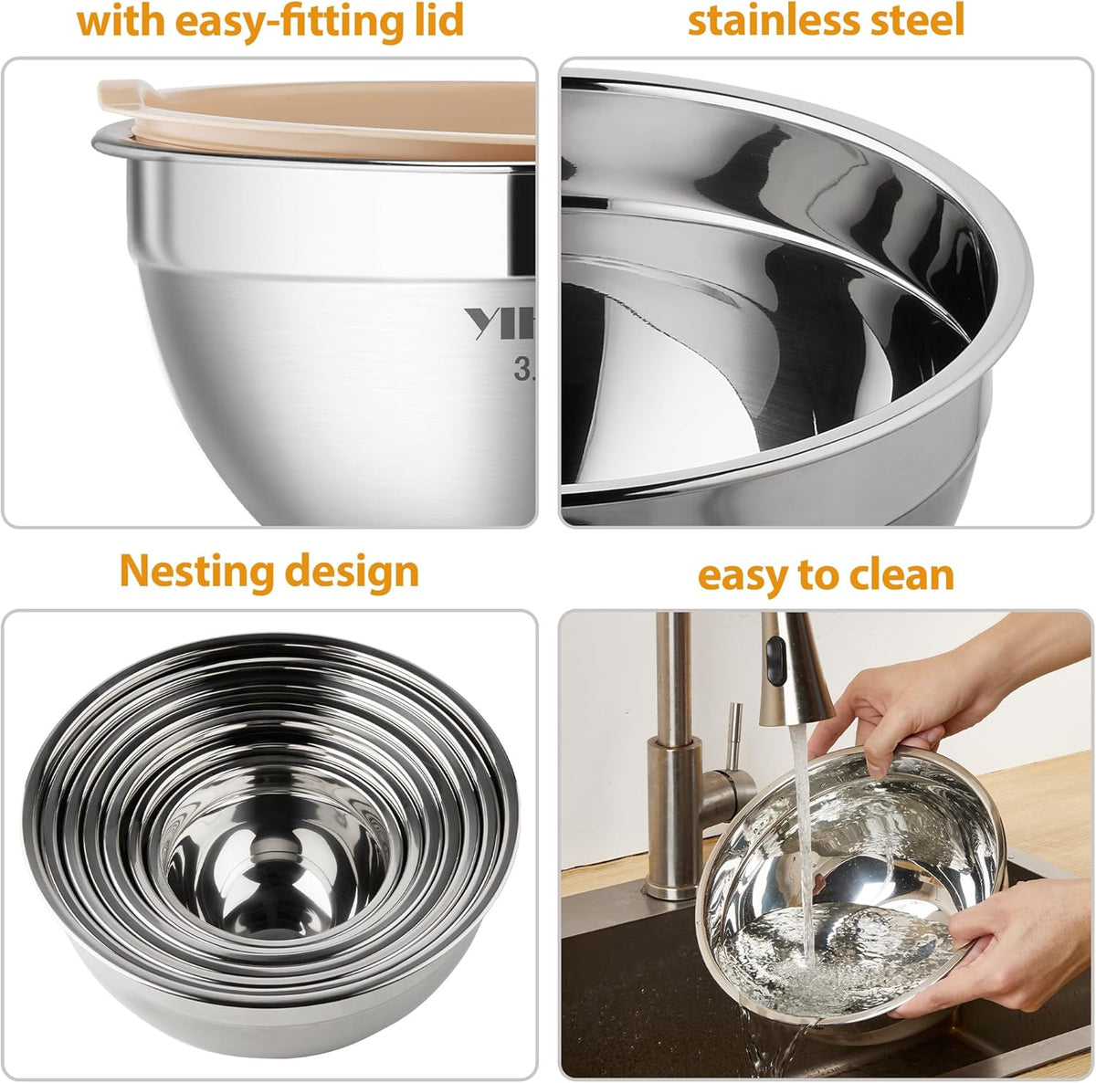 YIHONG 7 Piece Metal Mixing Bowls with Lids for Kitchen, Stainless Steel Set Ideal for Baking, Prepping, Cooking and Serving Food, Nesting Design for Space Saving Storage (Khaki)
