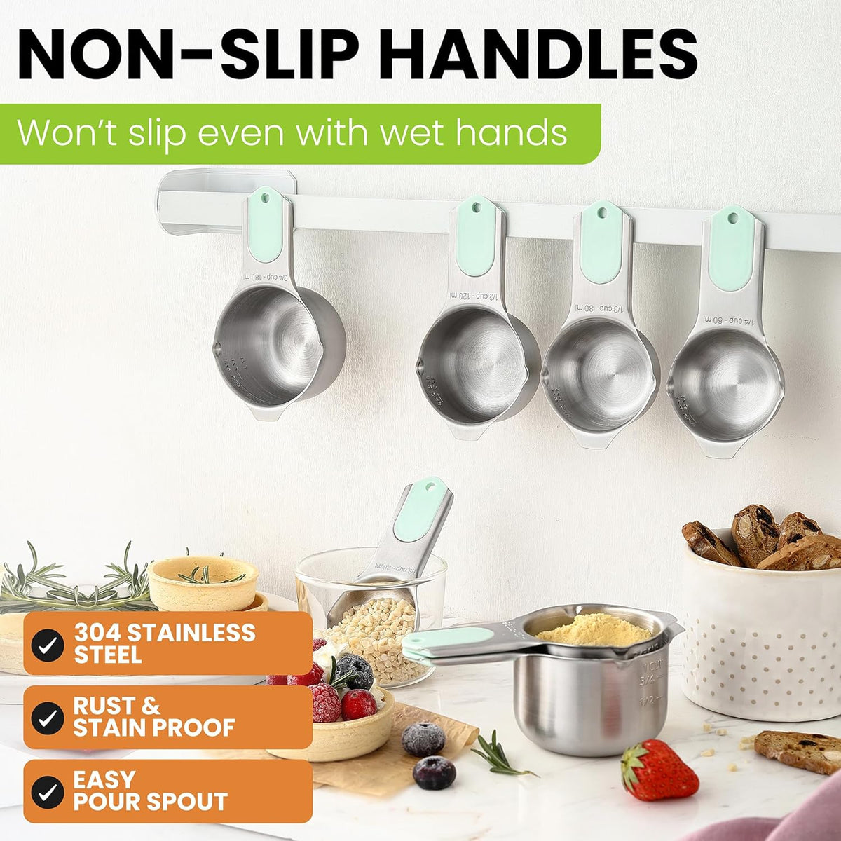 Spring Chef Magnetic Stainless Steel Measuring Cups (Patent Pending), Kitchen Tools with Easy to Read Markings for Measuring Dry or Liquid Ingredients, Set of 7, Mint