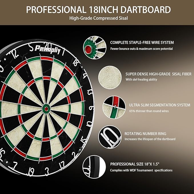 Bristle Dart Board Set, Professional Dart Board 18" with 6pcs 18g Darts Outdoor Dartboard Set, Compressed Sisal Metal Wire Board with Rotating Number Ring
