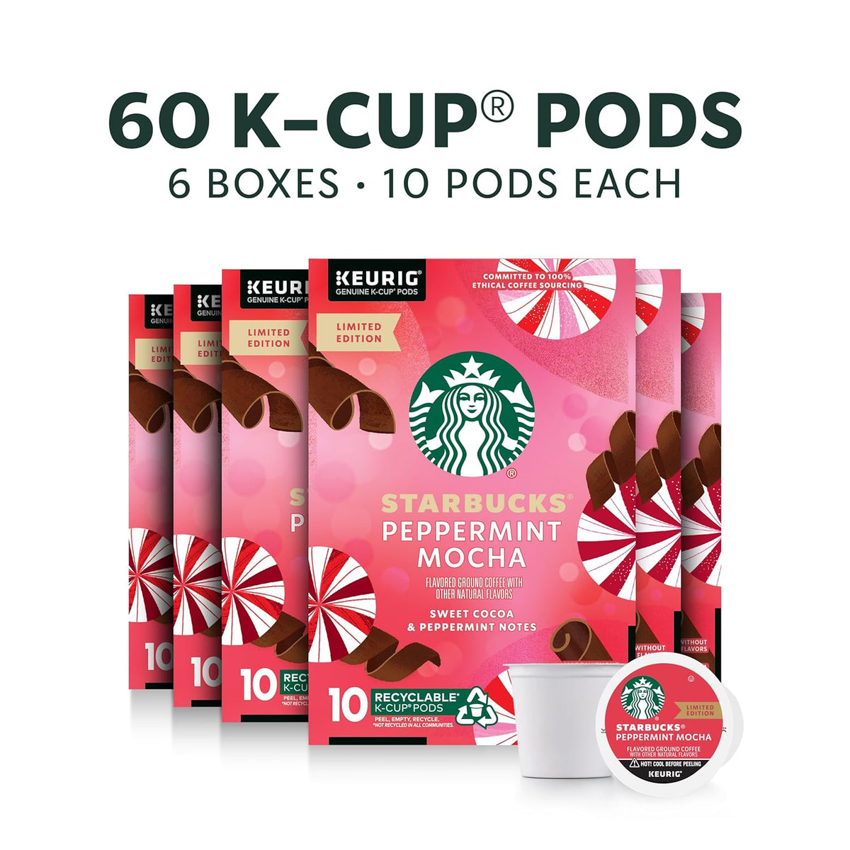 Starbucks K-Cup Coffee Pods, Peppermint Mocha Naturally Flavored Coffee for Keurig Brewers, 100% Arabica, Limited Holiday Edition, 6 Boxes (60 Pods Total)