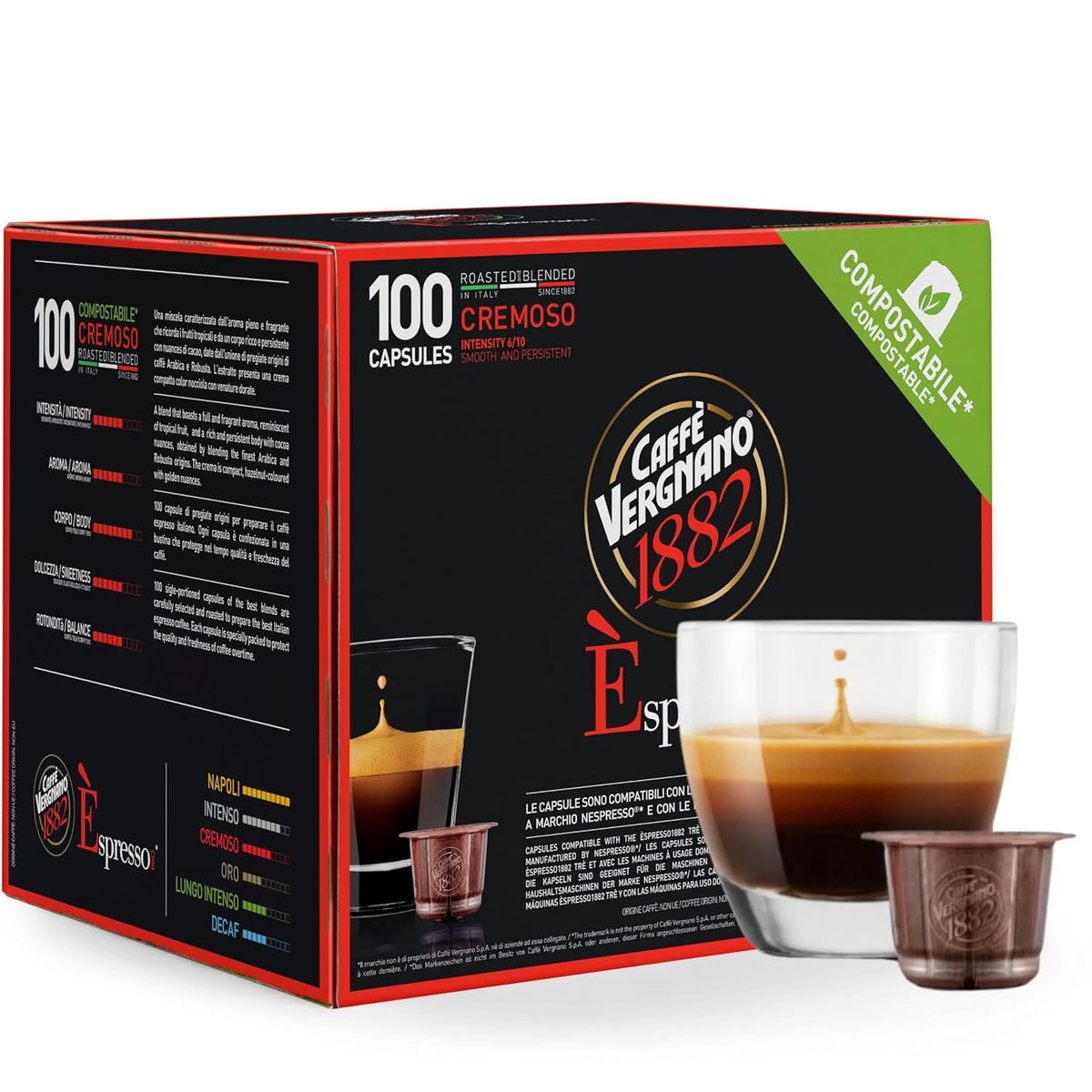 Caffe' Vergnano 1882 Medium Roast Espresso Original Line Machine Compatible Capsules, Arabica Robusta Espresso Coffee, Italian Coffee For Nespresso Coffee Machines, Intensity 6/10, Cremoso, 100 Ct