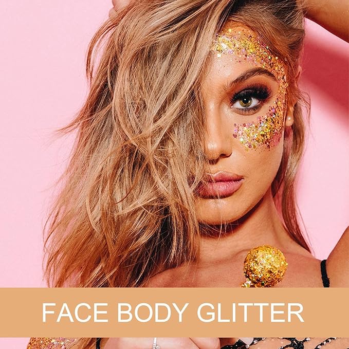 Body Face Glitter Makeup for Kids Women, Sparkly Chunky Hair Glitter, Mermaid Birthday Decorations Rave Outfits for Women (Gold Body Glitter)