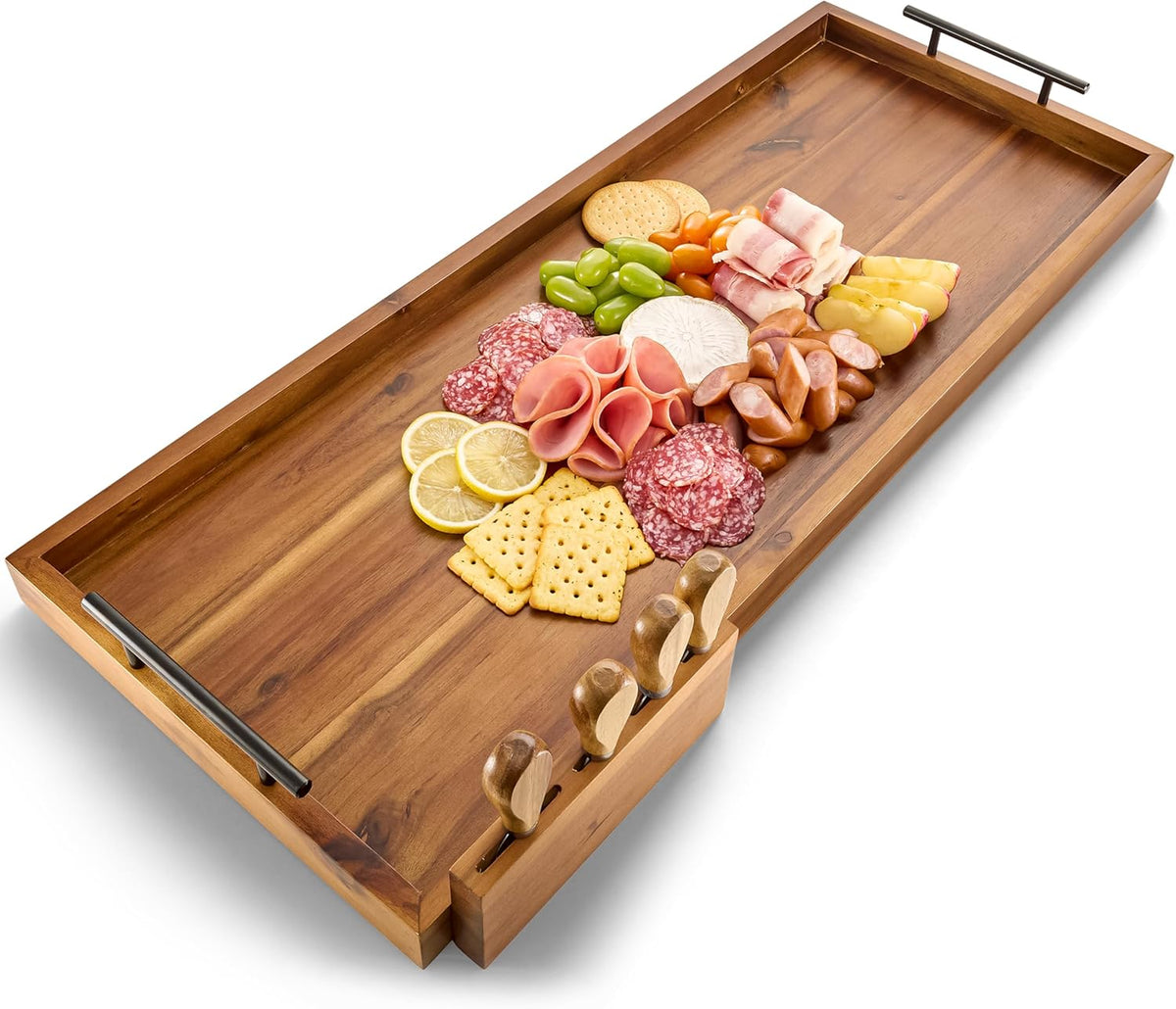 Acacia 30 Inch Large Charcuterie Boards for Party with Cheese Knife Set of 4 – Acacia Wood Serving Tray with Handles, Long Charcuterie Board, Wooden Cheese Board