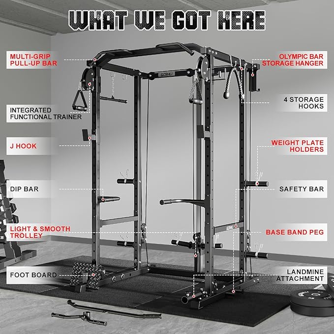 R1-V4 Power Cage Rack, 2000LB Squat Rack with Cable Crossover System, Multi-Function Weight Cage, Home Gym Workout Machine with More Training Attachments