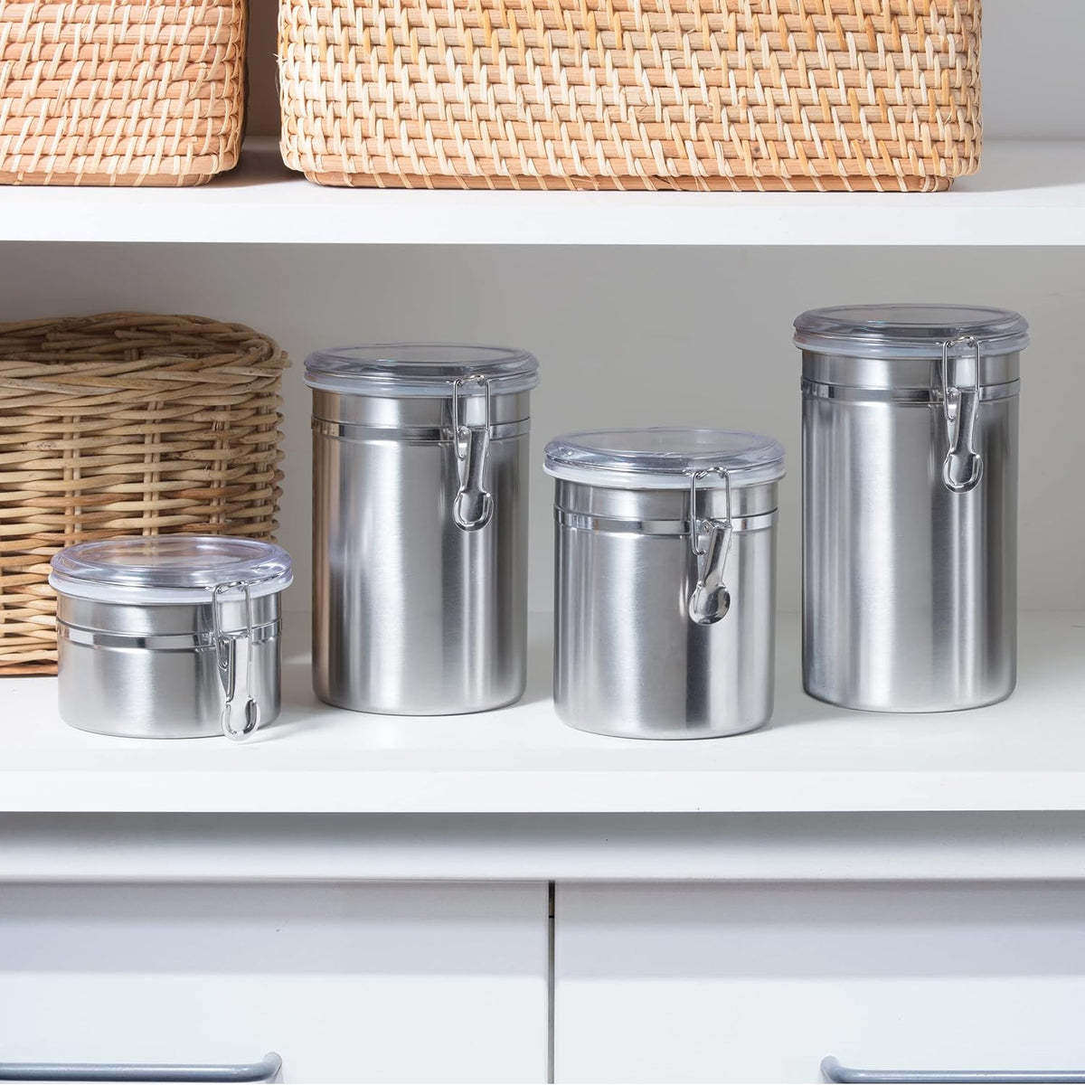 OGGI Stainless Steel Kitchen Canister 26 fl oz - Airtight Clamp Lid, Clear See-Thru Top - Ideal for Kitchen Storage, Food Storage, Pantry Storage. Size 5" x 3.5".