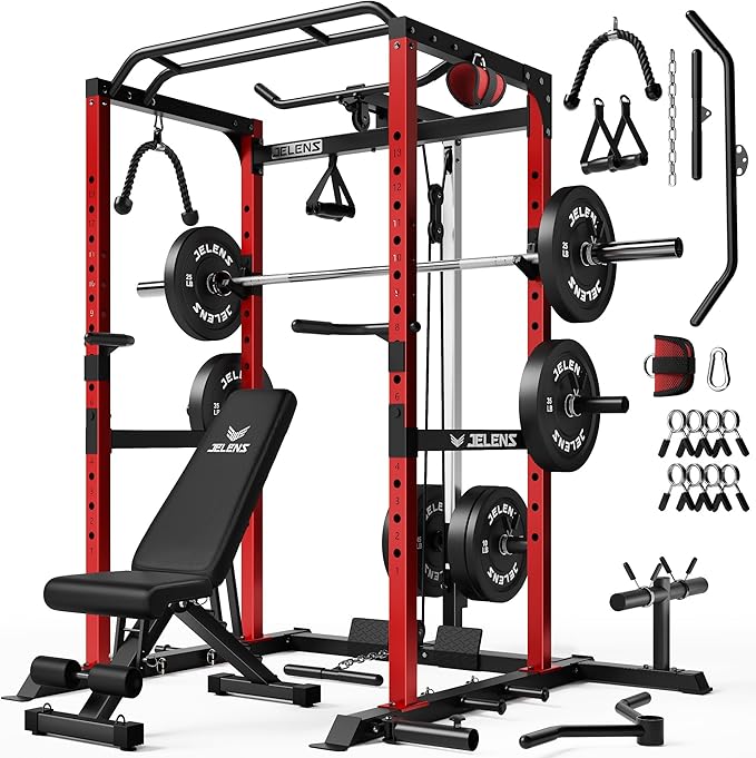 S21 Power Cage, Multi-Function Power Rack with Adjustable Cable Crossover System, 2000LBS Squat Rack for Home Gym with More Training Attachments