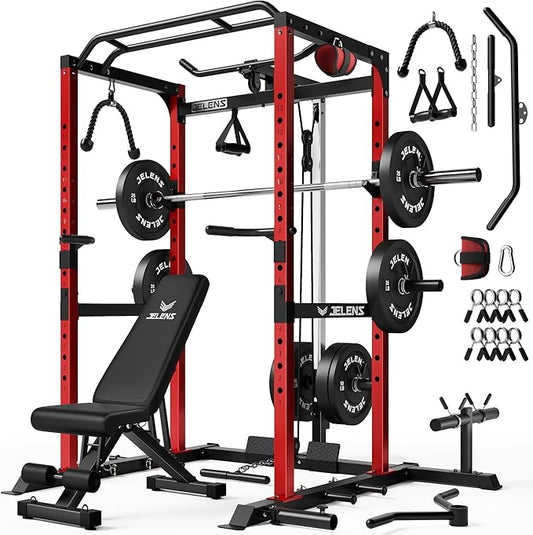S21 Power Cage, Multi-Function Power Rack with Adjustable Cable Crossover System, 2000LBS Squat Rack for Home Gym with More Training Attachments