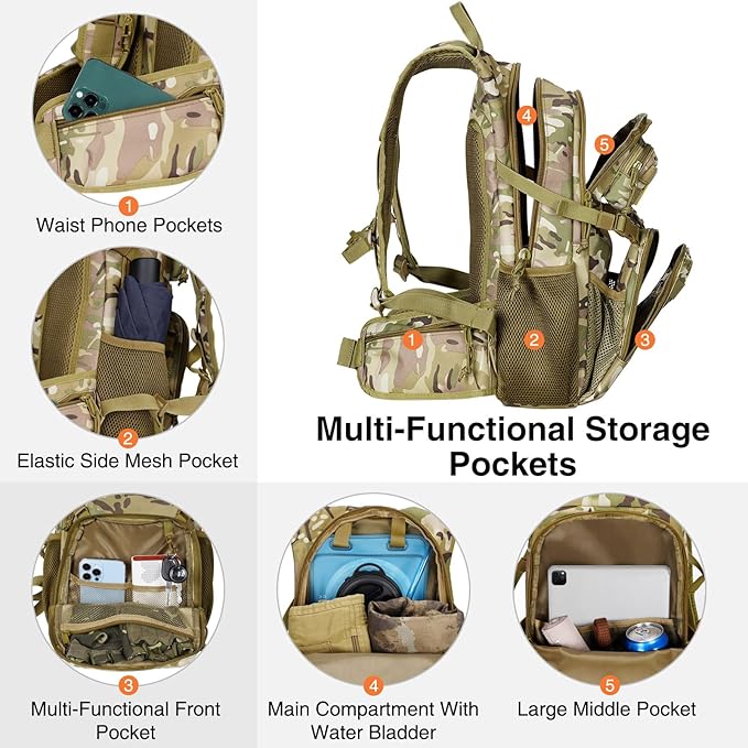 22L Tactical Hydration Backpack with 3L Water Bladder, Lightweight Molle Water Bag for Men Women, Hiking Hydration Pack for Cycling Running Biking Hunting, Daypack with Waist Pocket, Camo