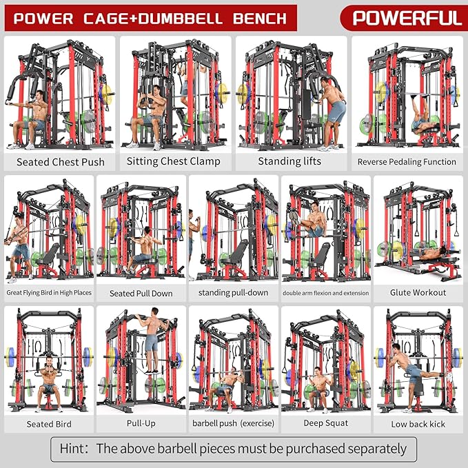 Smith Machine with Cable Crossover System, Multi-Function Power Cage Squat Rack for Home Gym, Power Rack and Packages Weight Sets.