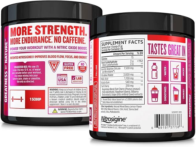 Zhou Lite Up - Non Stim Powder, Nitric Oxide Stim Free Supplement for Men & Women, Caffeine Free Boost, Clean Formula - Berry Lemonade Flavor, 7.5 oz Jar (30 Scoops)