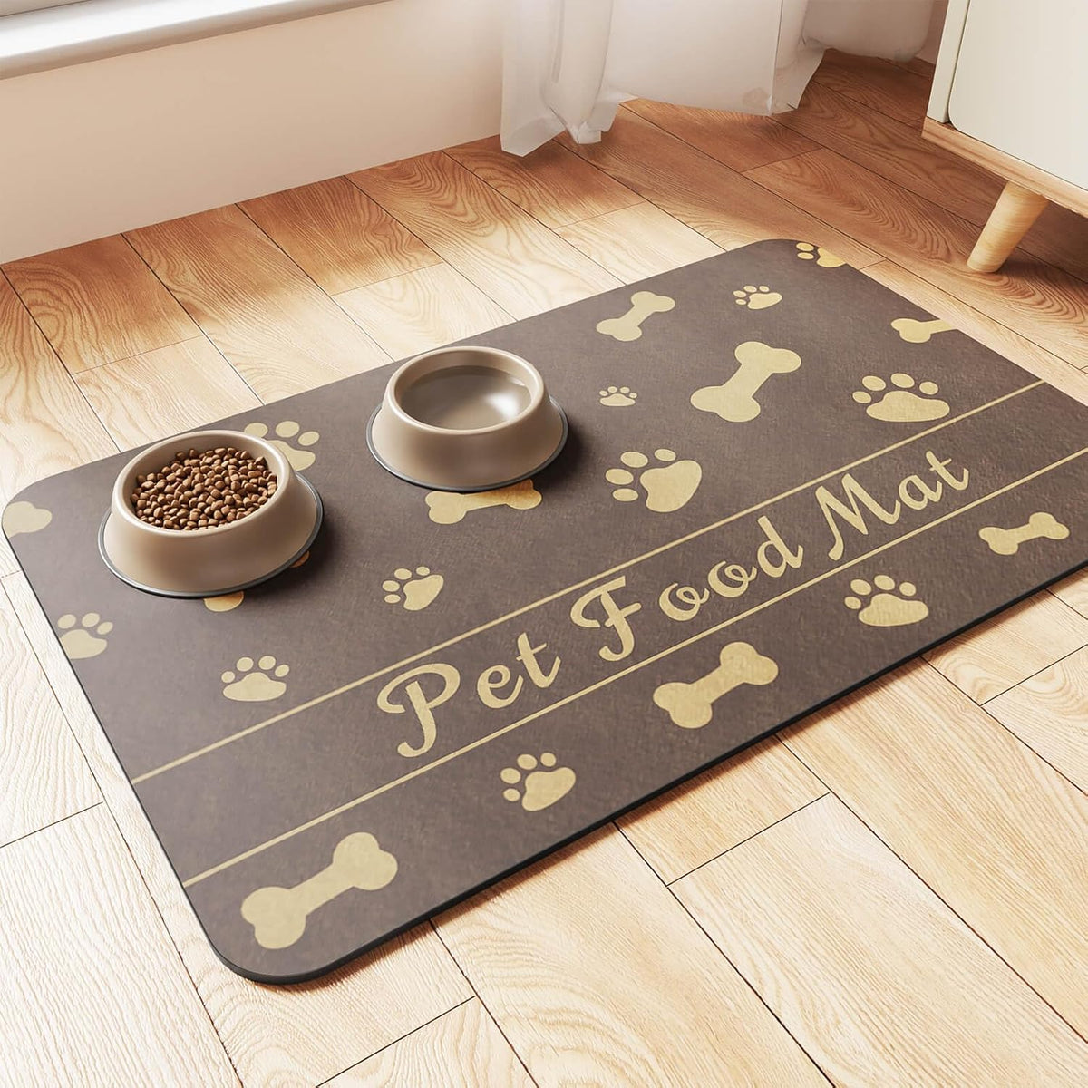 Pet Feeding Mat-Absorbent Pet Placemat for Food and Water Bowl, with Waterproof Rubber Backing, Quick Dry Water Dispenser Mat for Dog and Cat (12"x20", Brown)