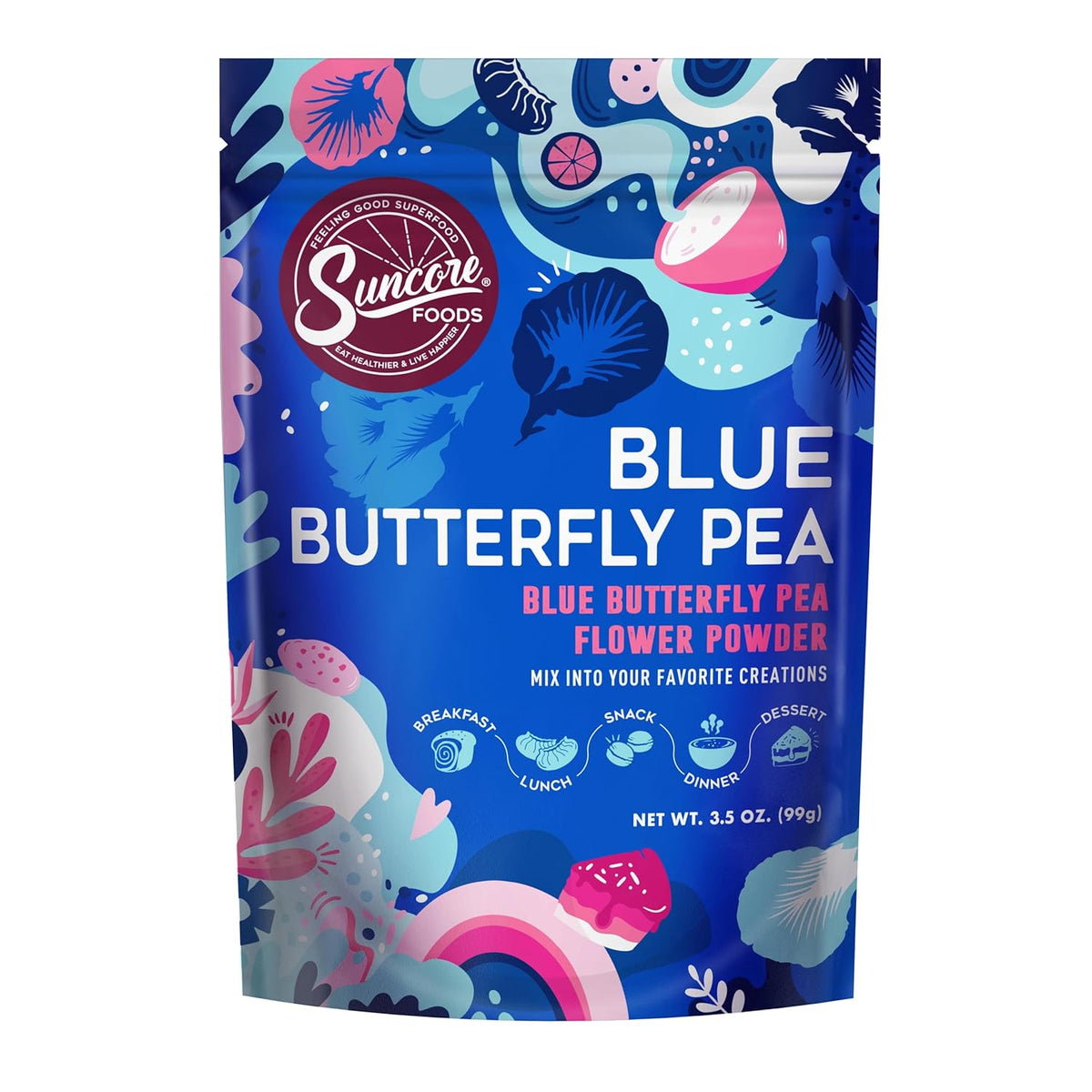 Suncore Foods Blue Butterfly Pea Powder, Blue Food Coloring Powder, Gluten-Free, Non-GMO, 3.5oz (1 Pack)