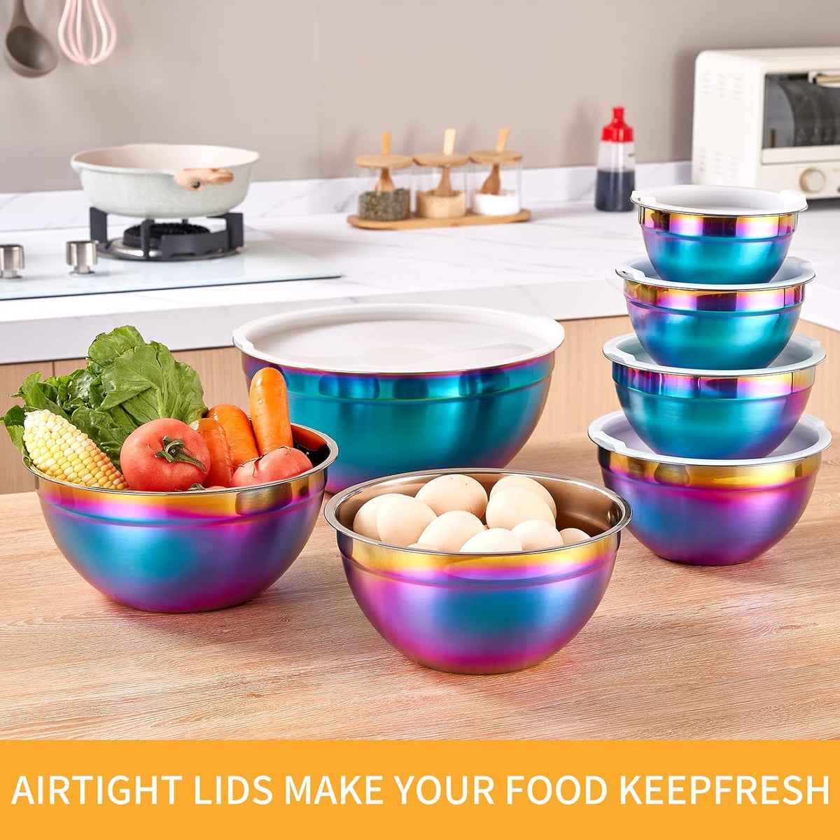 Rainbow Mixing Bowls With Airtight Lids,Stainless Steel Bowl,Salad Bowls 7 Piece Colorful Nesting Bowl Rainbow Kitchen Accessories,Size 7,3.6,2.7,2.1,1.5,1.1,0.8QT Stackable Design