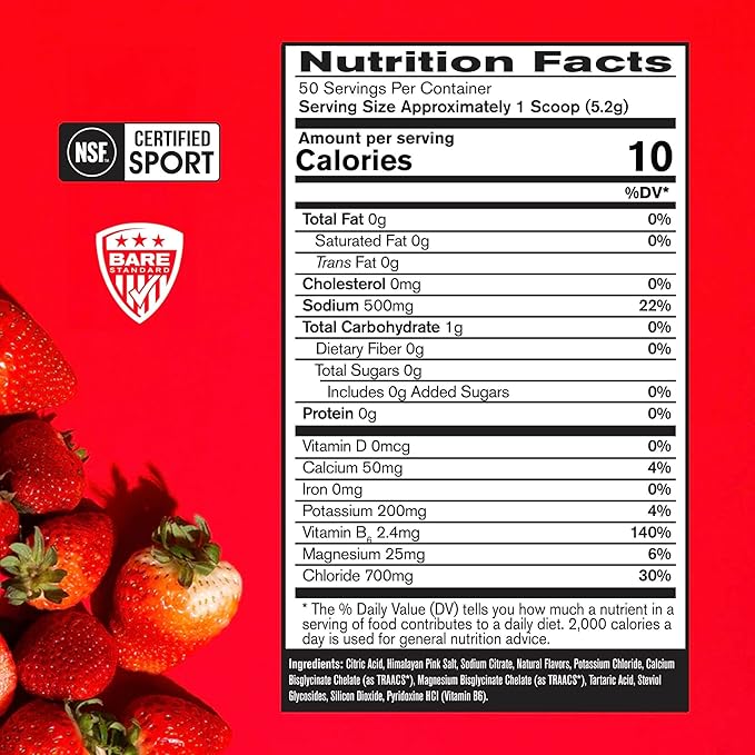 BARE PERFORMANCE NUTRITION BPN Electrolytes Hydration Drink Mix | Sugar Free Electrolyte Powder | 500mg Sodium per Serving | Naturally Sweetened | Strawberry, 50 Servings