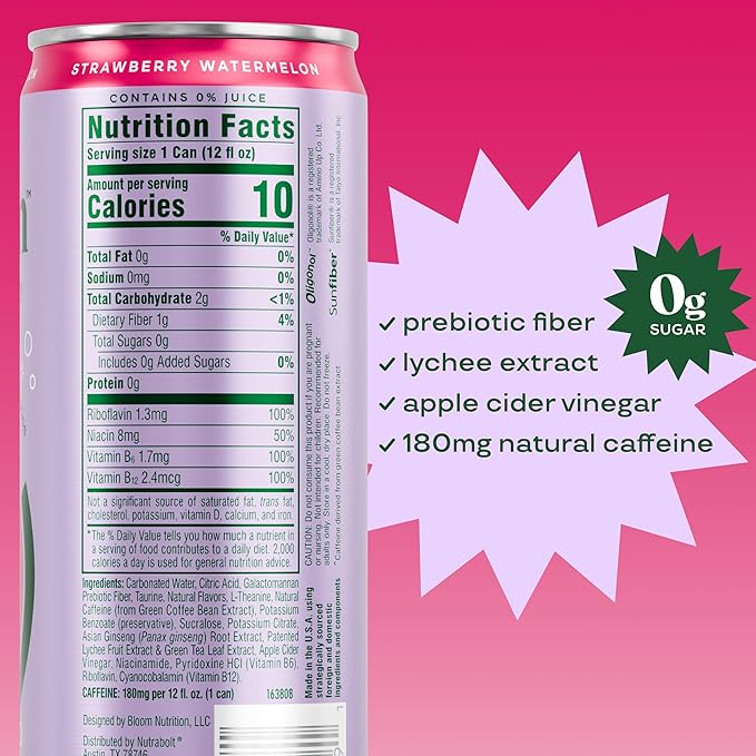 Bloom Nutrition Sparkling Energy Drink - Natural Caffeine, Zero Sugar, 180mg Caffeine - Antioxidant-Rich with Green Coffee Bean, Green Tea Extract, Prebiotics - Strawberry Watermelon - 12oz 24 Pack