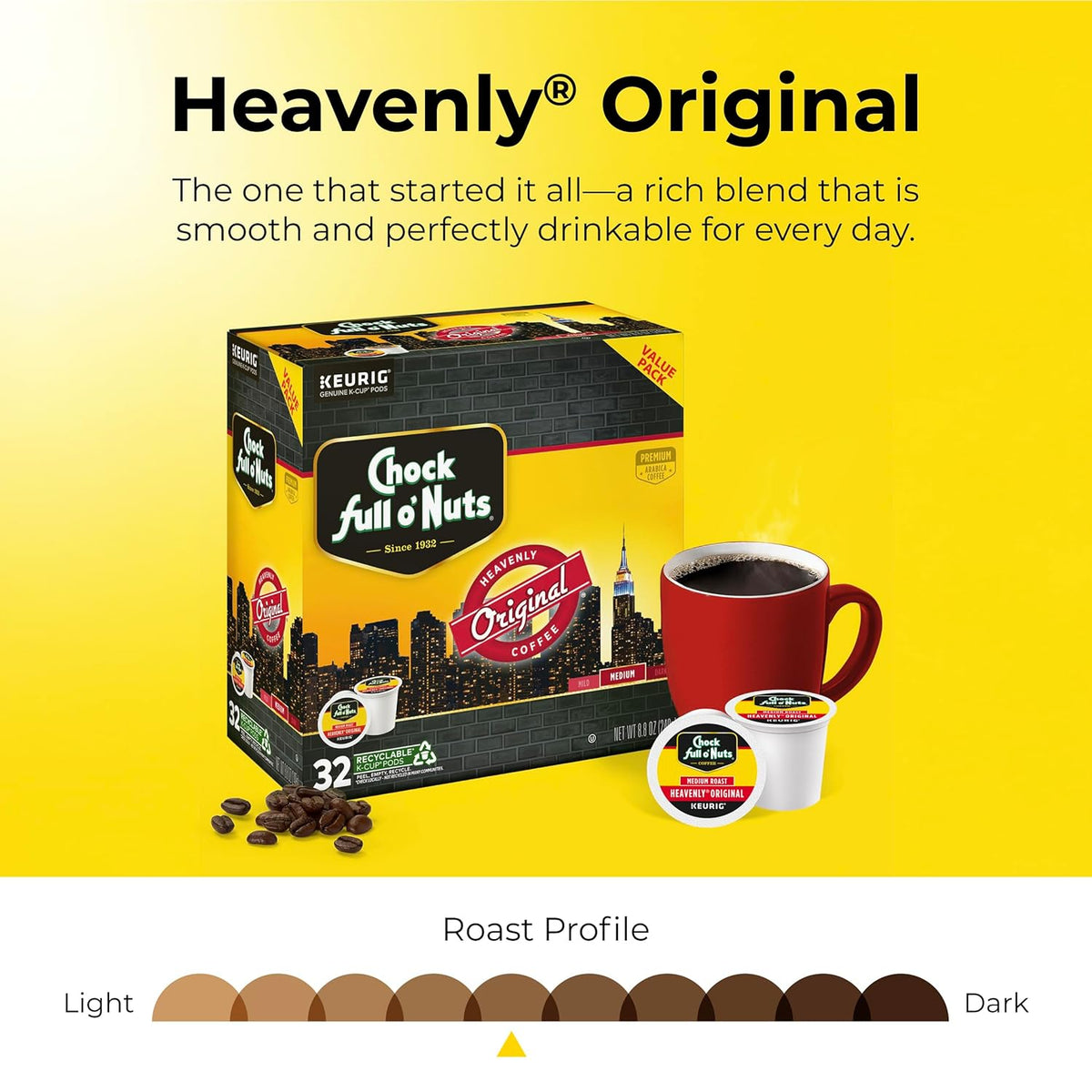 Chock full o’Nuts Heavenly Original Keurig K-Cup Pods for Keurig Brewers – Premium Arabica, Medium Roast – Single Serve – 1 Pack of 32 K-Cup Pods
