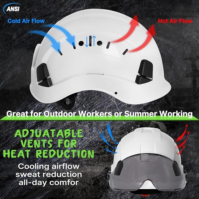 AOLAMEGS Construction Safety Hard Hat - ANSI Z89.1 Approved Safety Helmet with Visor & 50pcs Hard Hat Stickers Sliding Vented Hardhat for Men Women Adults Industrial Workwear Outdoor (Smoke Visor)