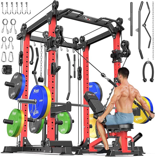 Power Cages Multi-Purpose Squat Rack with Cable Crossover System, Matching Weight Bench, Olympic Barbell Weight Set for Garage and Home Gyms