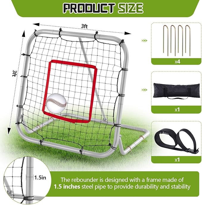 3' x 3'/1.67' x 1.67' Pro Portable Baseball and Softball Rebounder Adjustable Heavy Duty Pitch-Back Net with Bag Strap Fielding Trainer Net 3 Angles Ground Balls Line Drives Pop Flies