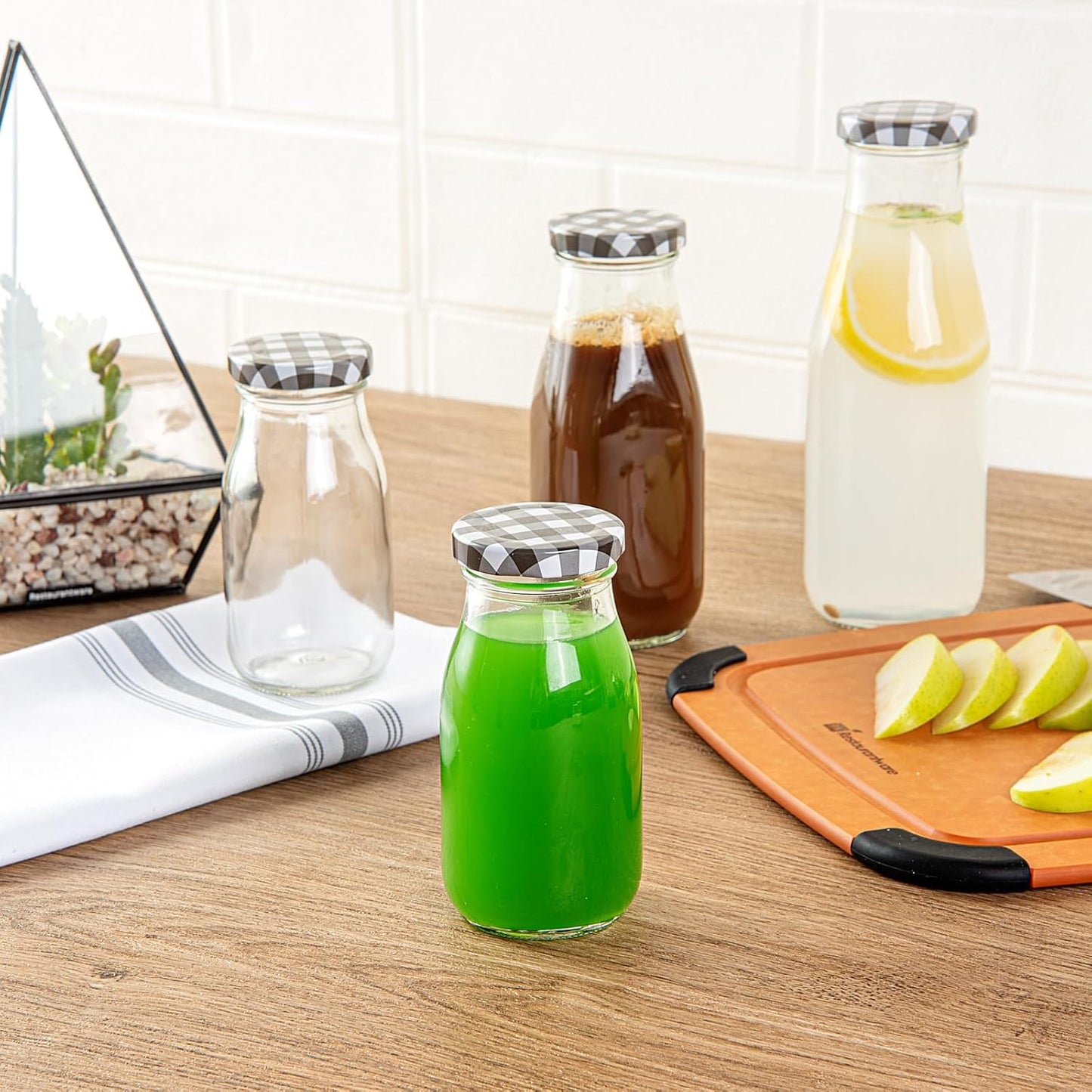 Restaurantware-French Countryside 6 Ounce Glass Bottles, 10 Durable Juice Bottles - With Black Plaid Lid, Dishwashable, Clear Glass Countryside Bottle, For Hot And Cold Beverages