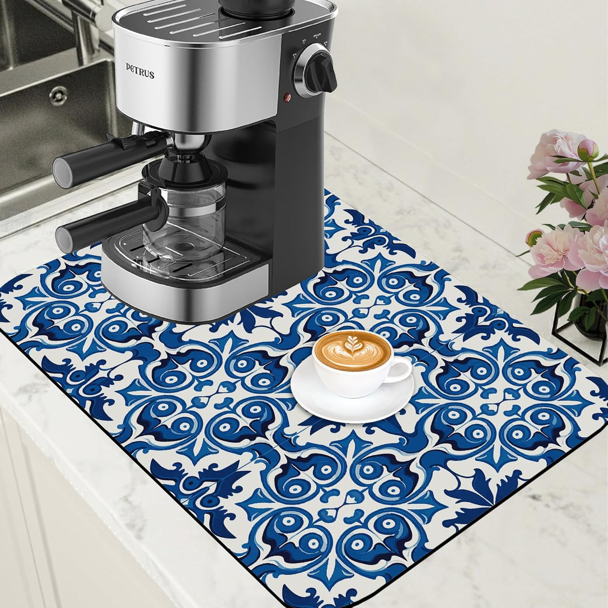 Dish Drying Mat Blue Portuguese Tiles Coffee Bar Mat for Countertop - Absorbent Rubber Backed Hide Stain Dish Drainer Rack - Coffee Maker Pot Dining Room Decoration 15.7 x 23.6 Inch