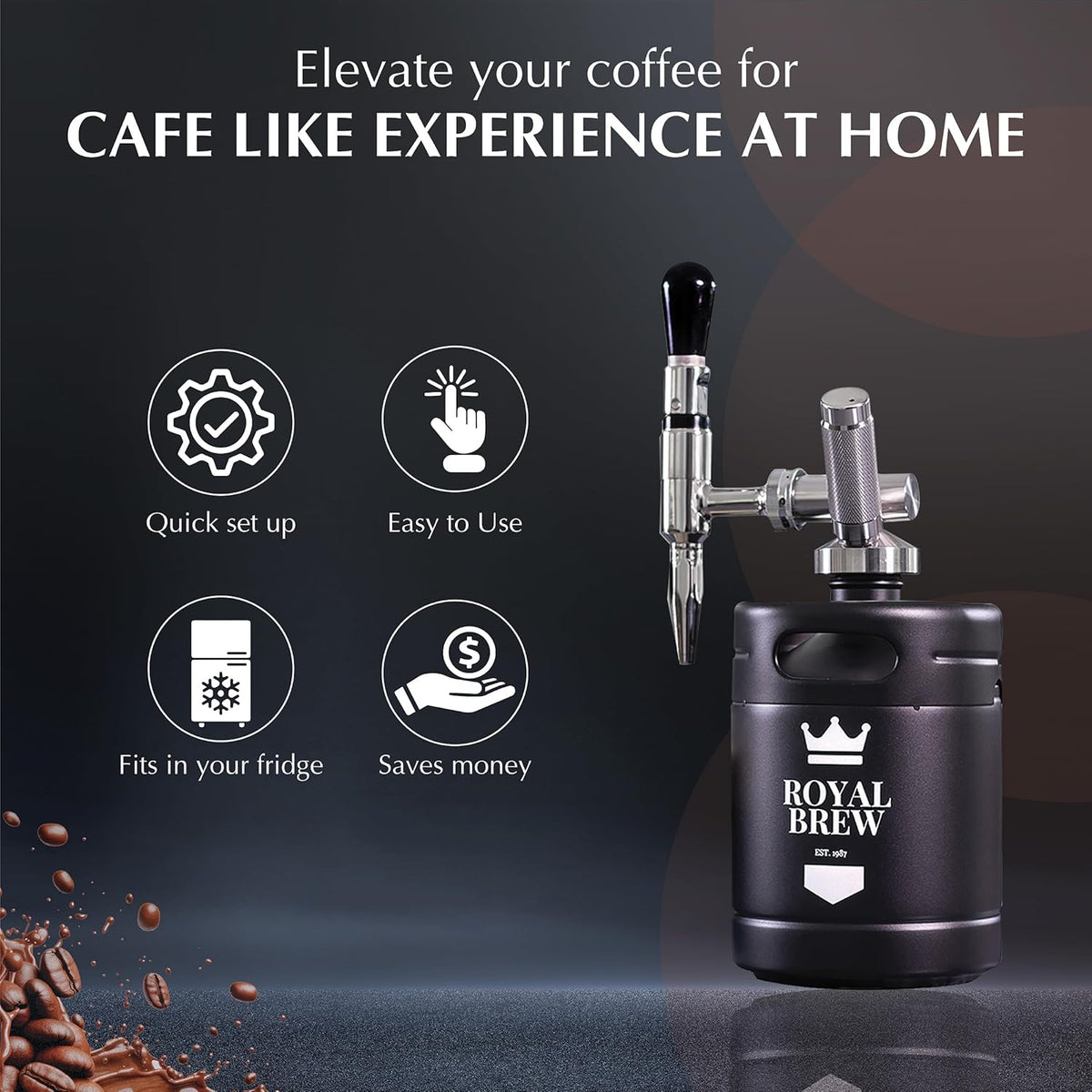 The Original Royal Brew Nitro Cold Brew Coffee Maker - Gift for Coffee Lovers - 64 oz Home Keg, Nitrogen Gas System Coffee Dispenser Kit
