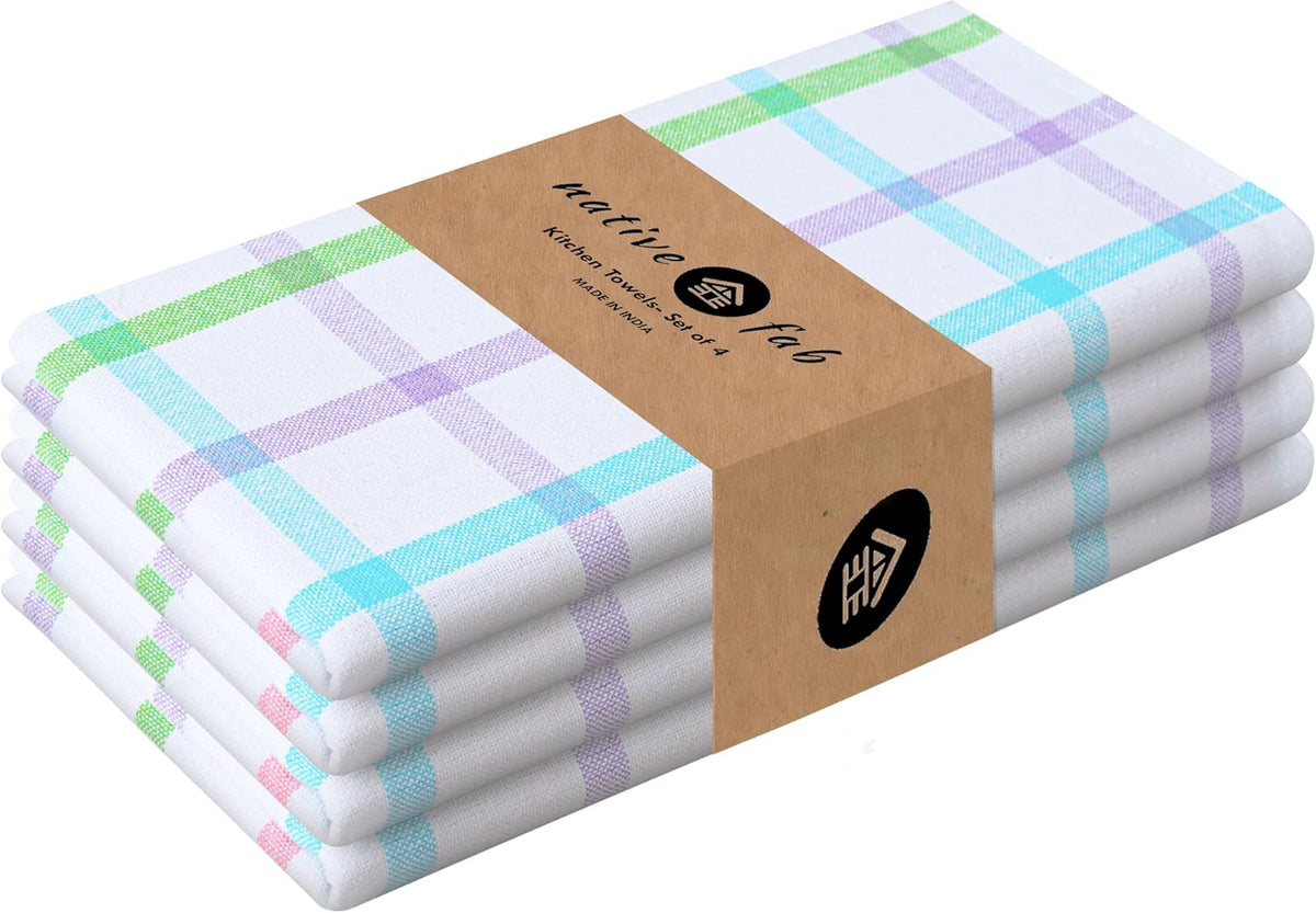 Native Fab Multi Color Checked Kitchen Towels Set of 4, 100% Cotton, 16x26 Inch Dish Cloth Set, Soft & Absorbent Tea Towels for Daily Cooking, Cleaning, Drying Dishes - Machine Washable Washcloths