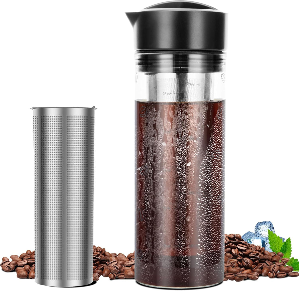 25oz Cold Brew Coffee Maker 4 Cup Capacity Tea Maker, Iced Coffee Pot, Cold Heat Resistant Borosilicate Glass Carafe, Stainless Steel Mesh Filter Basket and Black Freshness Lid