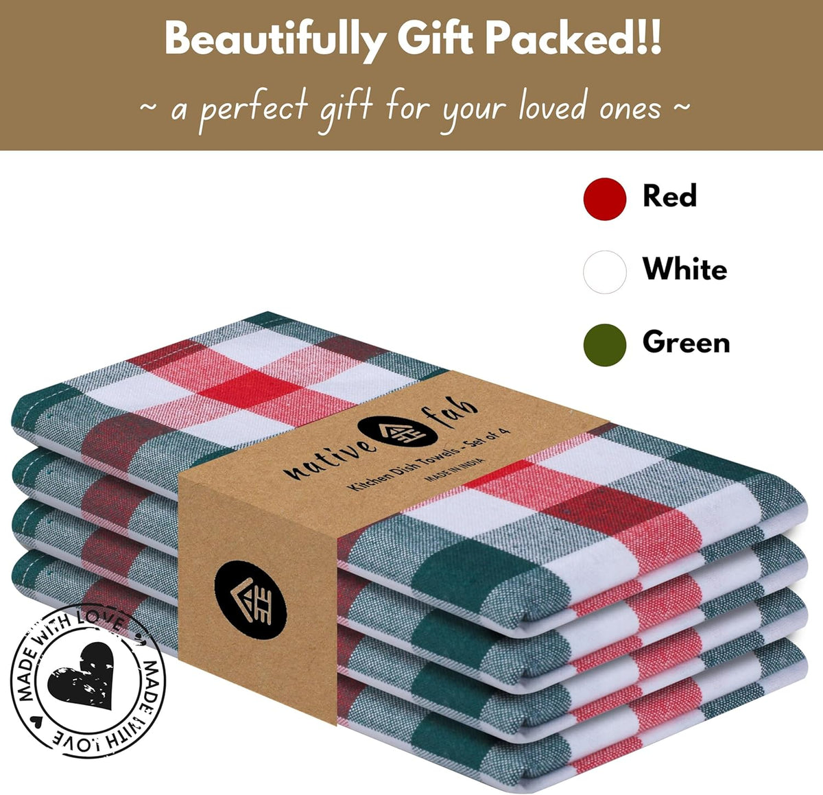 Native Fab Gingham Check Kitchen Towels 4 Pack 16x26 Inches - 100% Cotton, Soft, Absorbent Tea Towels & Kitchen Hand Towel for Drying, Cleaning & Reusable Dishcloths Set - Red, Green, White